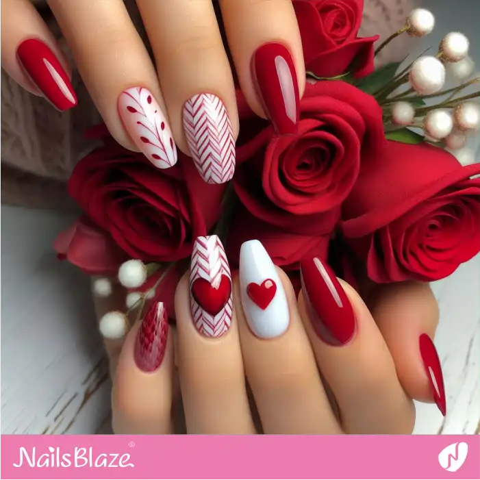 Valentine Heart Nails with Herringbone Pattern | Valentine Nails - NB2791